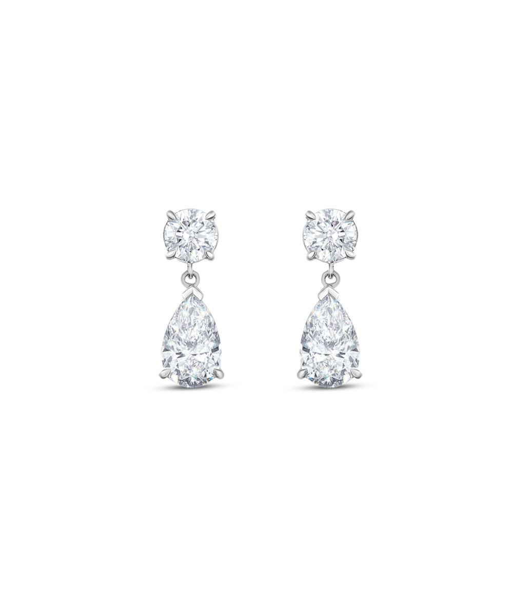 Pair of 9ct white gold round and pear diamond drop earrings in four-prong setting