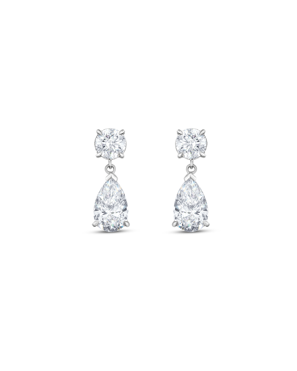 Pair of 9ct white gold round and pear diamond drop earrings in four-prong setting