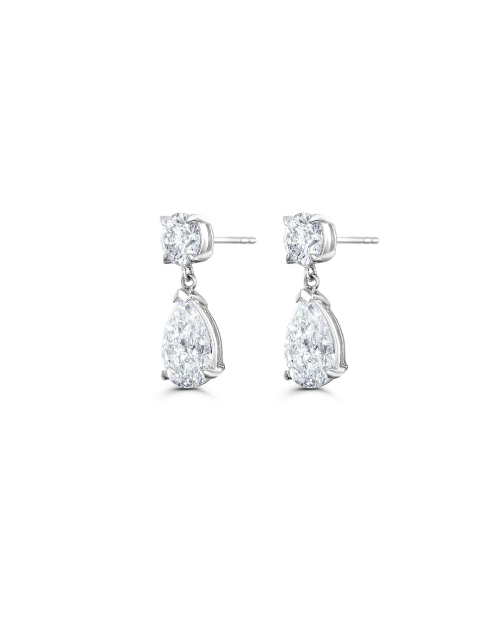 Pair of 9ct white gold round and pear diamond drop earrings with post backs