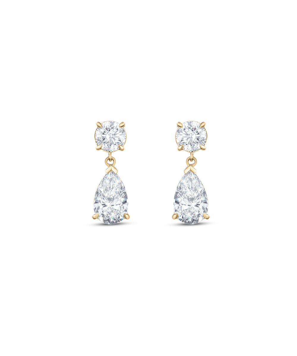 Pair of 9ct yellow gold round and pear diamond drop earrings in curved bezel setting