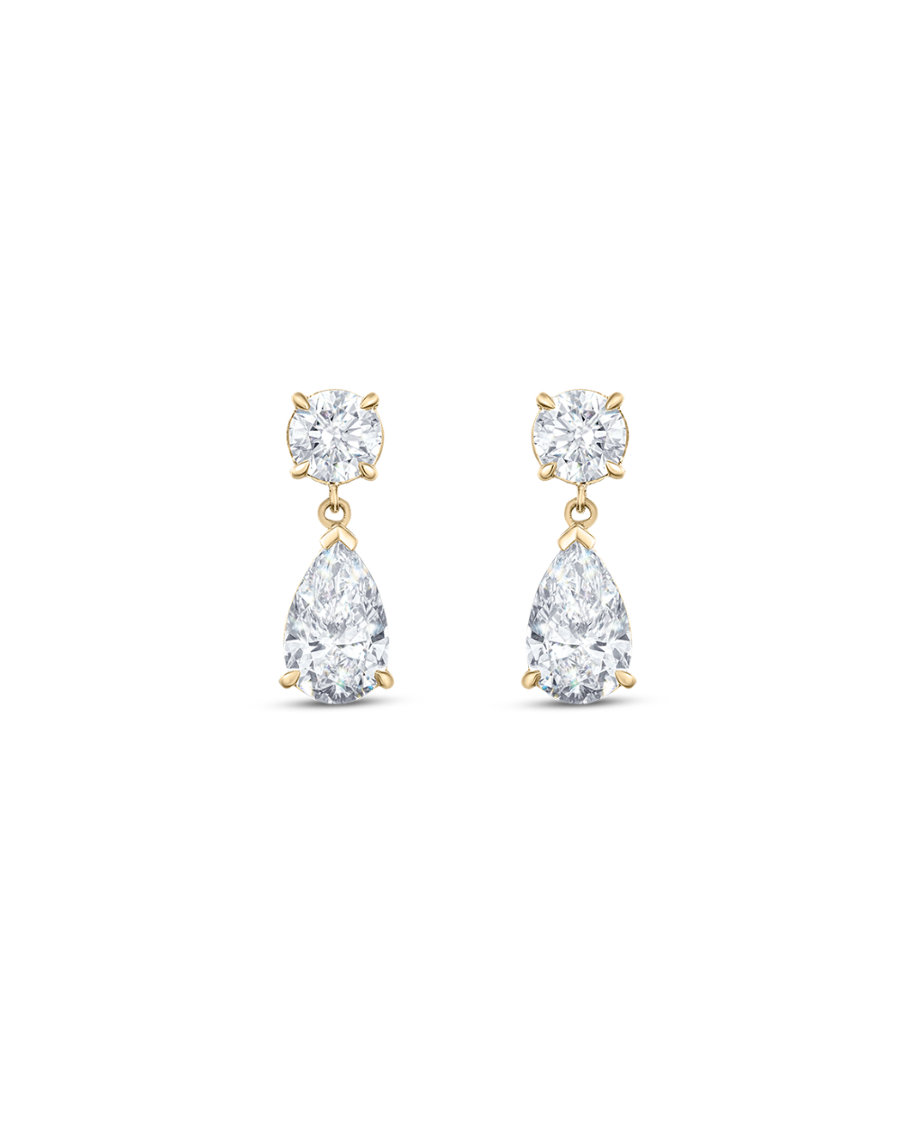 Pair of 9ct yellow gold round and pear diamond drop earrings in curved bezel setting