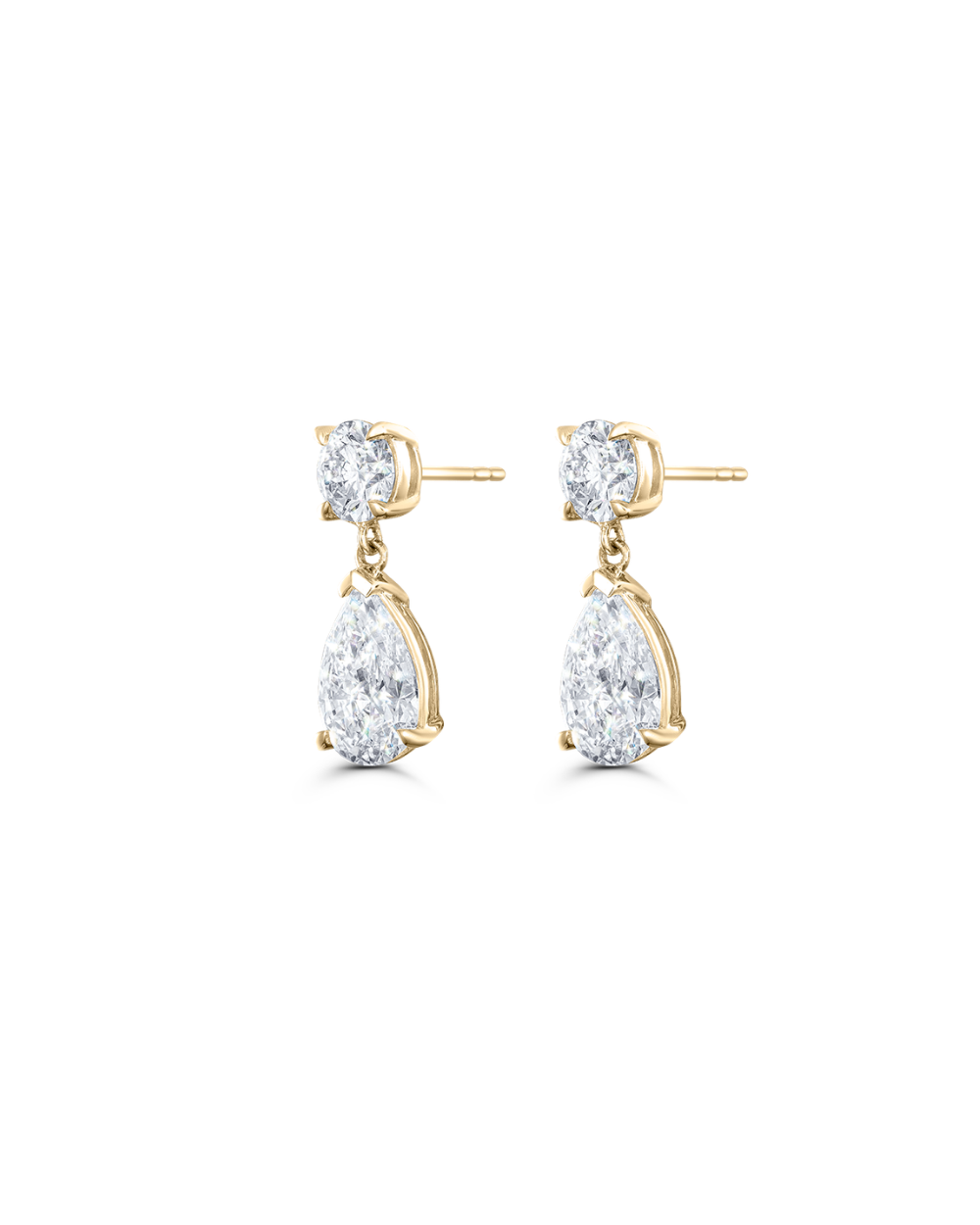 Pair of 9ct yellow gold round and pear diamond drop earrings with post backs