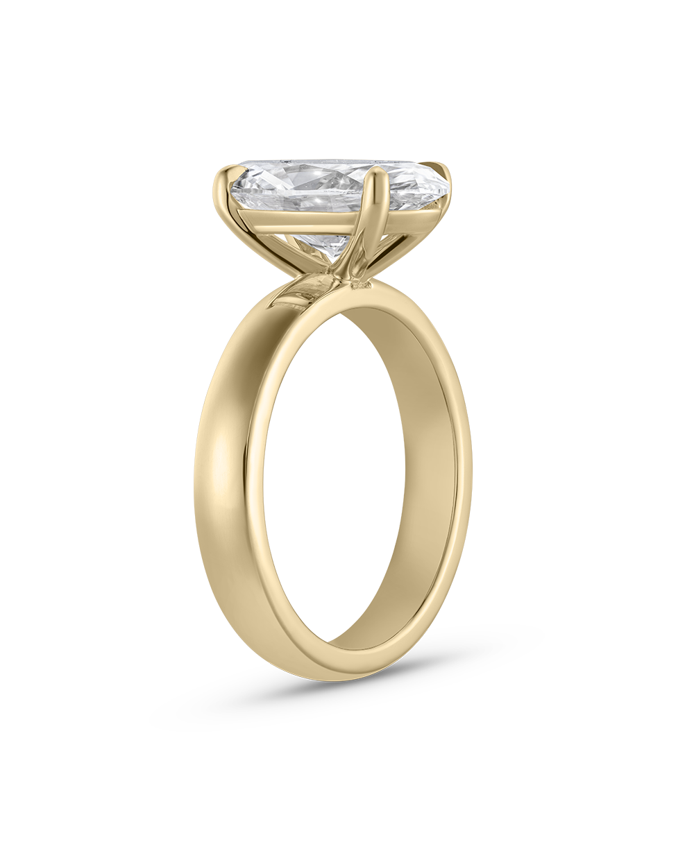 Side profile of Harper oval diamond ring showing thick polished 18ct yellow gold band and elevated prong setting