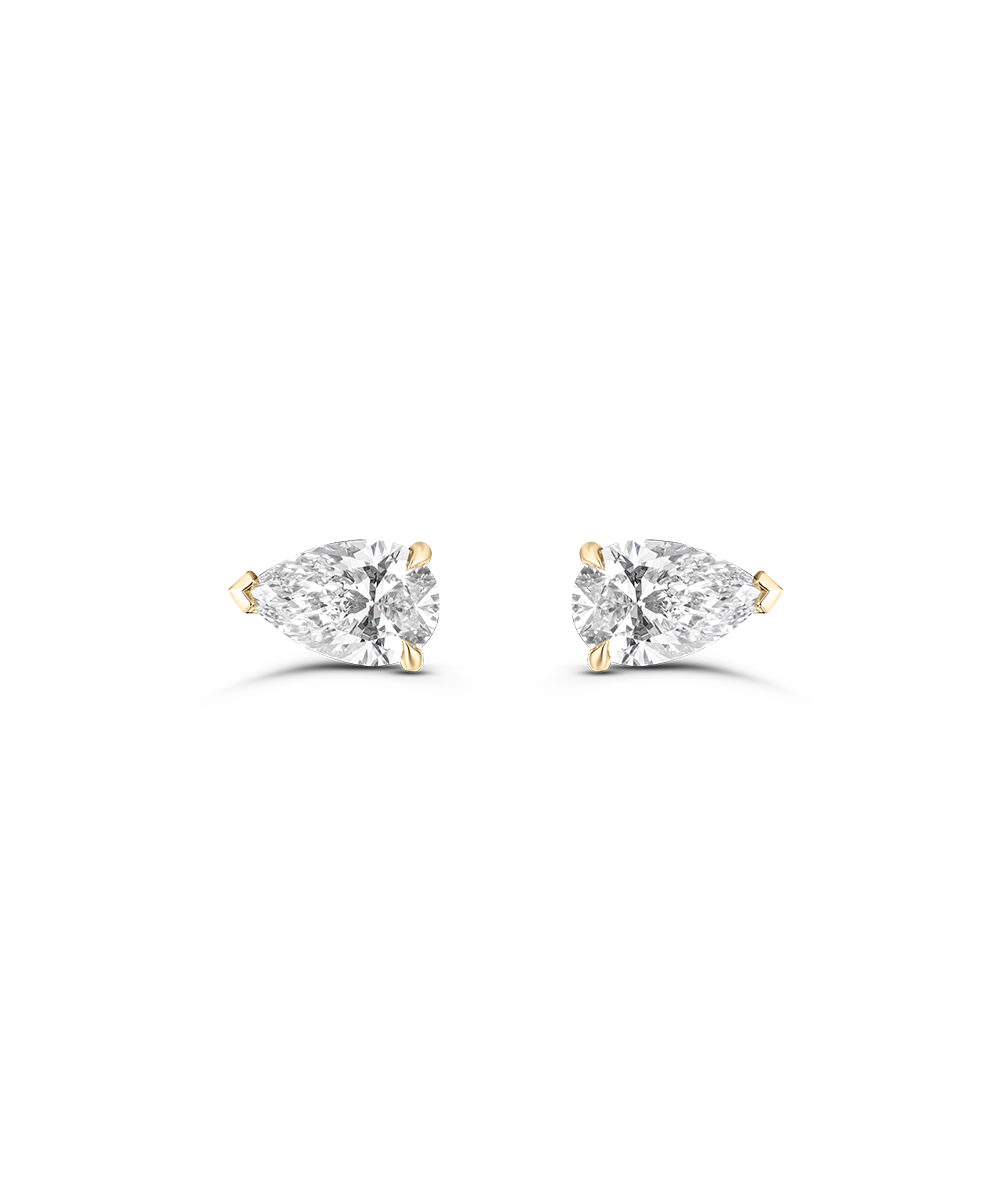 Gold plated pear shaped diamond stud earrings with three prong setting detail