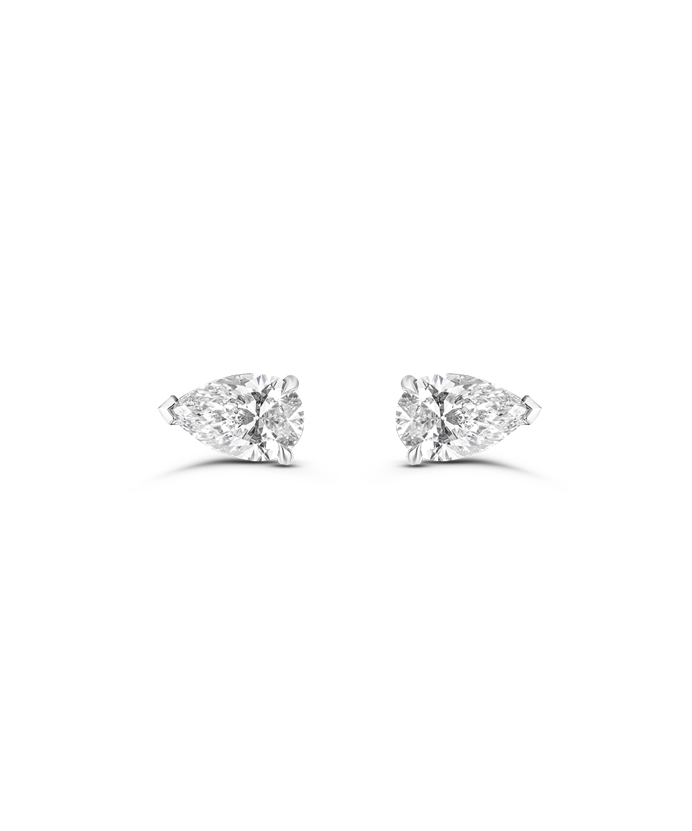Front view of white metal pear cut diamond studs showing symmetry and brilliance
