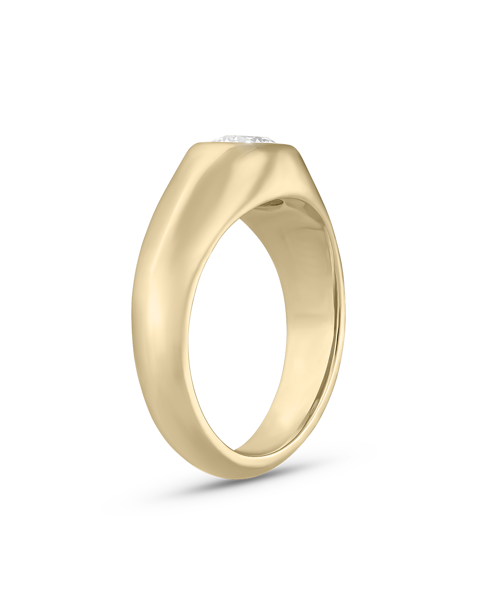 Rear three-quarter view of smooth interior curve yellow gold ring
