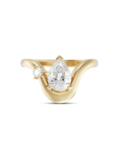 Helena pear cut lab grown diamond engagement ring in 18ct yellow gold with swan wing band and accent stone