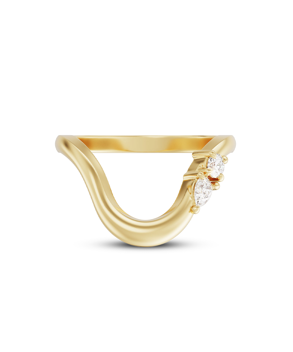 Gold ring with two diamonds on a white background