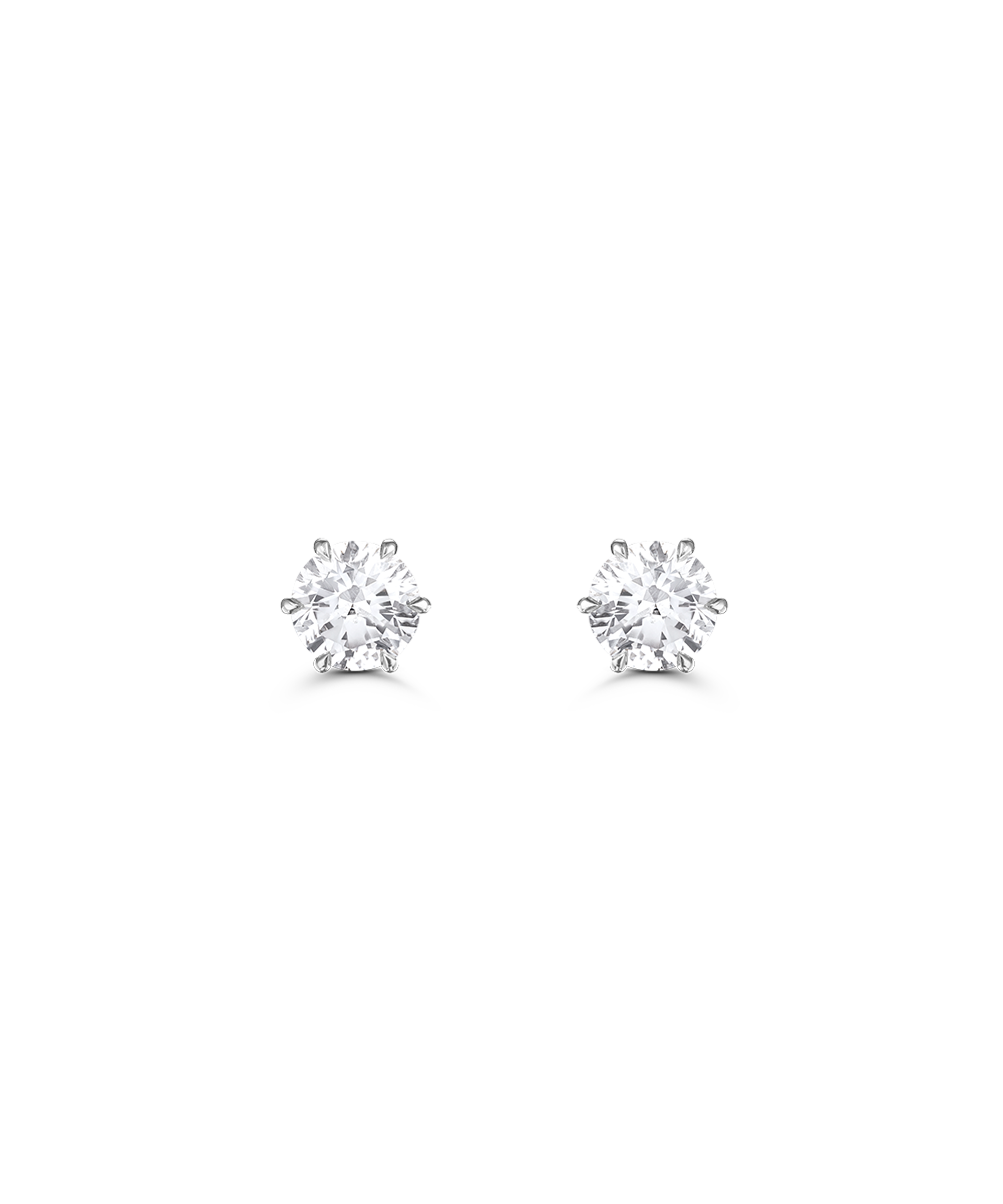 Jessica round diamond stud earring in polished white gold with six-prong claw setting