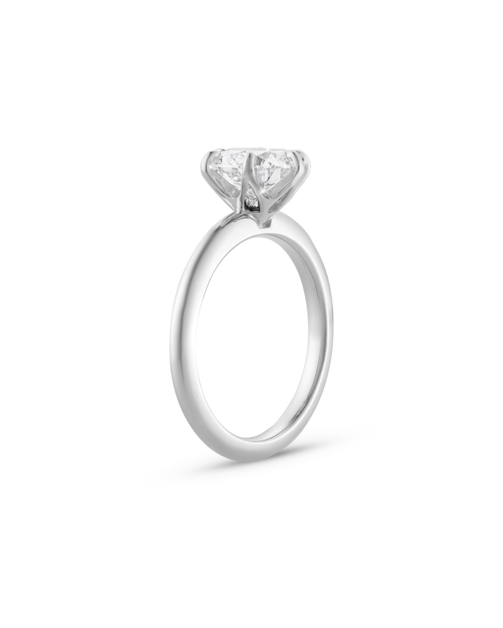 Side view of Jessica 3.01ct round brilliant diamond solitaire ring showing elevated six-prong setting and tapered 18ct white gold band