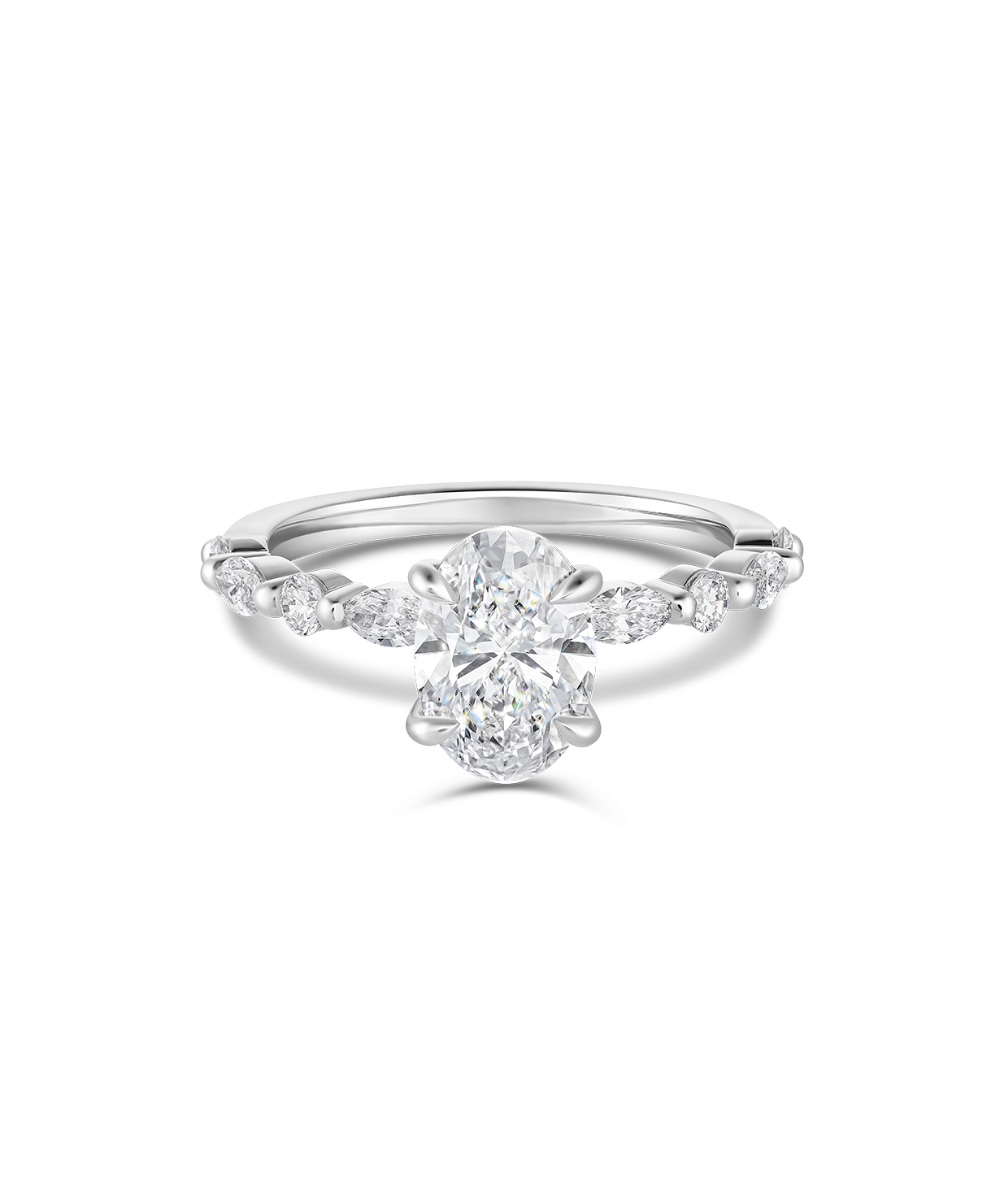 Kaylee 1.50ct Oval Lab Grown Diamond Ring in 18ct White Gold with Marquise and Round Side Stones