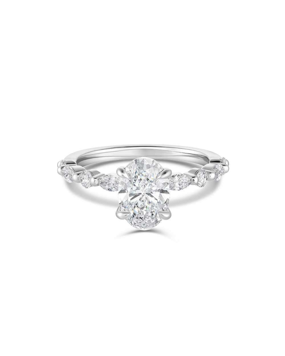 Kaylee 1.50ct Oval Lab Grown Diamond Ring in 18ct White Gold with Marquise and Round Side Stones