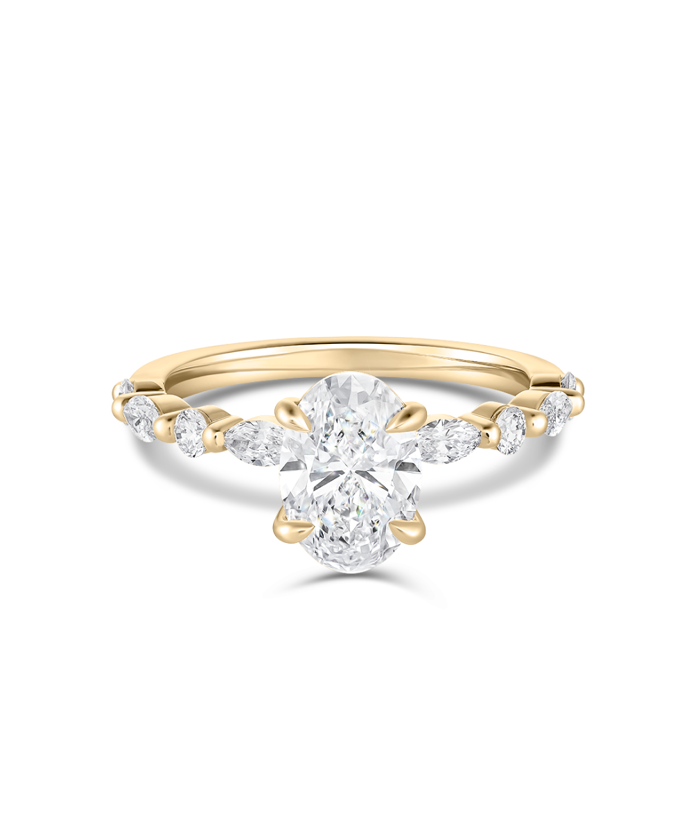 Front shot Kaylee oval lab grown diamond ring with alternating marquise round stones