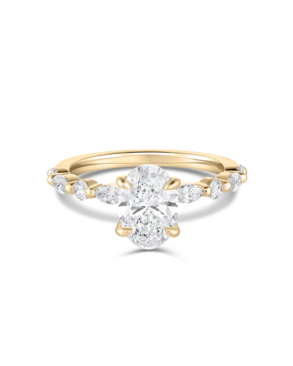 Front shot Kaylee oval lab grown diamond ring with alternating marquise round stones