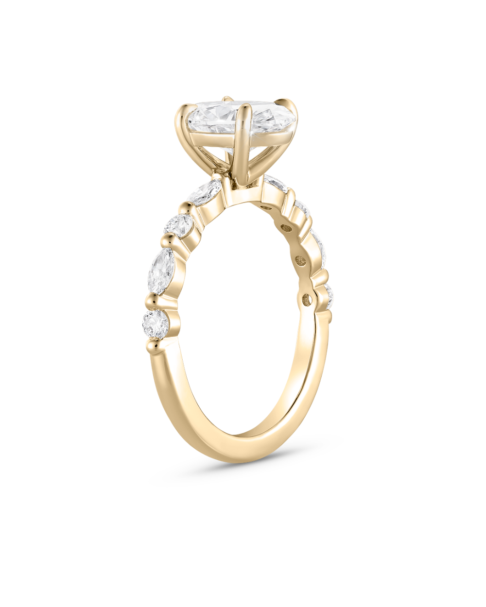 Side view Kaylee 18ct yellow gold band with claw-set oval and marquise diamonds