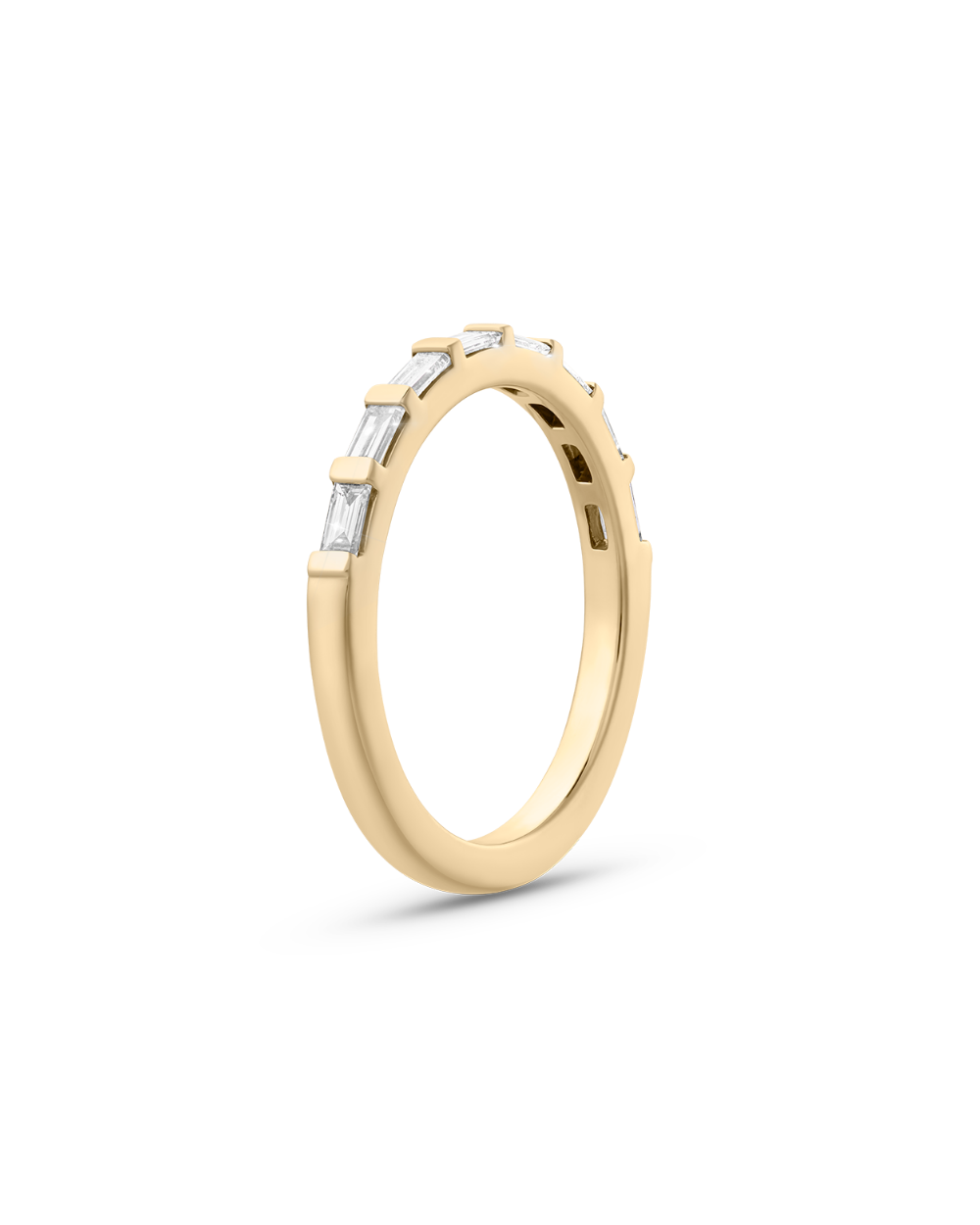 Side view of 18ct yellow gold baguette diamond wedding band with claw-set stones