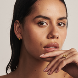 Woman wearing pear yellow diamond huggie earrings with matching ring
