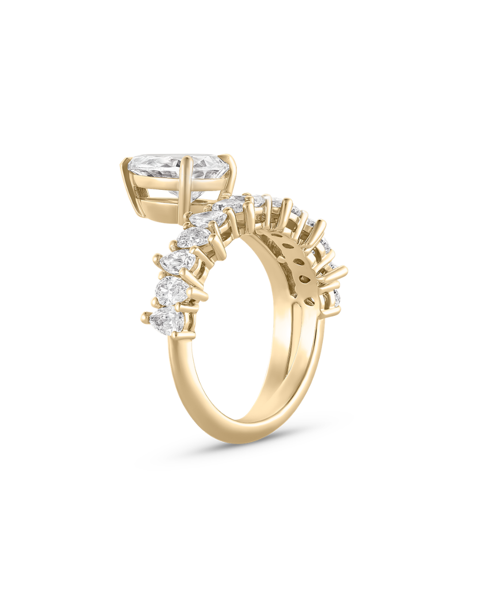 Gold pear diamond engagement ring side profile showing prong settings