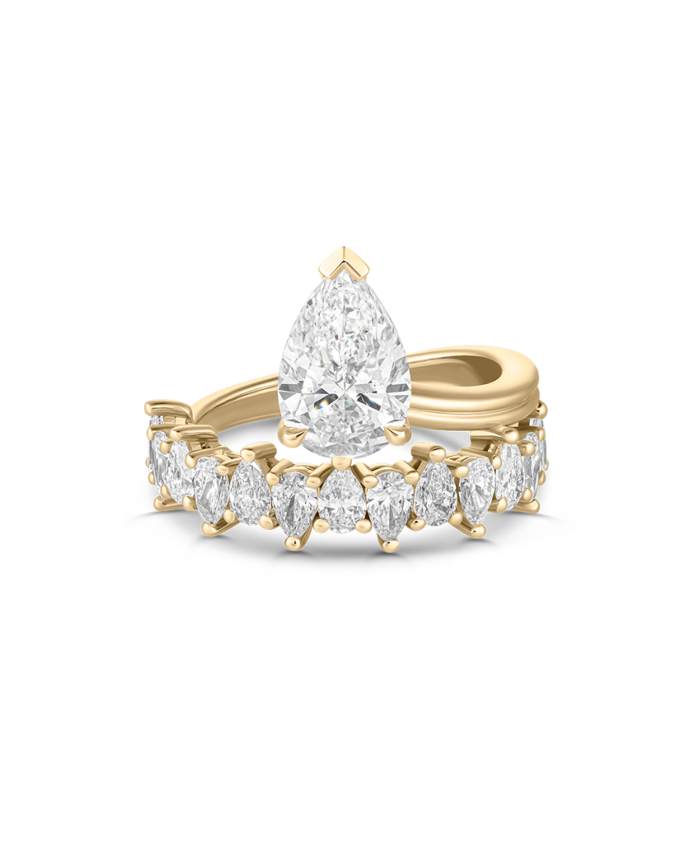 Side profile view of 18ct yellow gold pear diamond engagement ring band