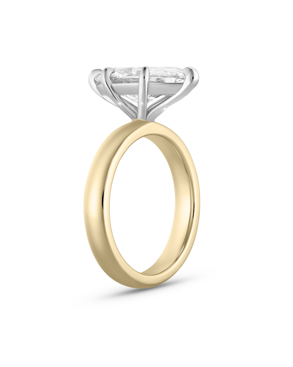 Close-up of two-tone marquise diamond ring structure with domed yellow gold band