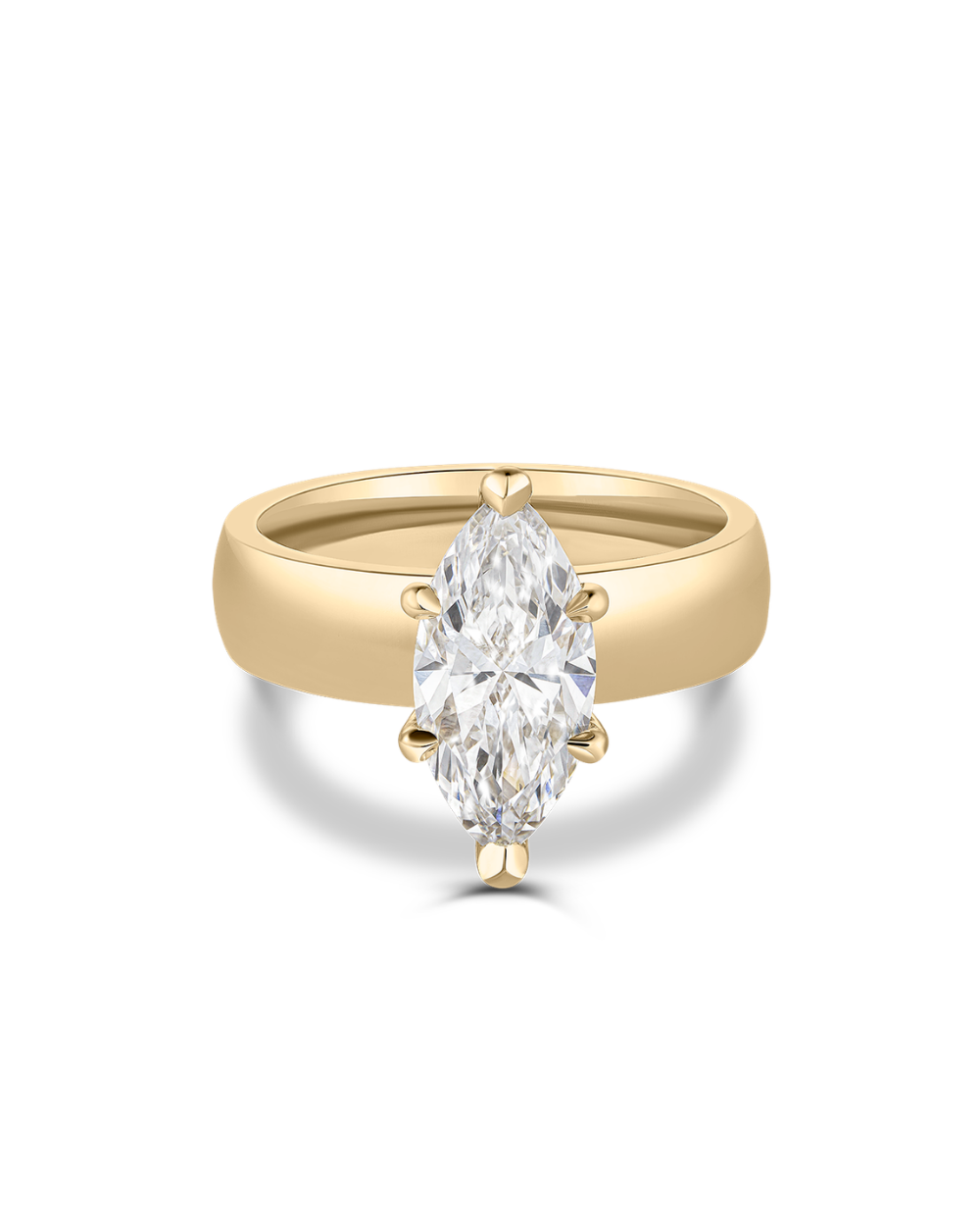 Top-down view of 2.01ct marquise lab grown diamond ring in 18ct yellow gold