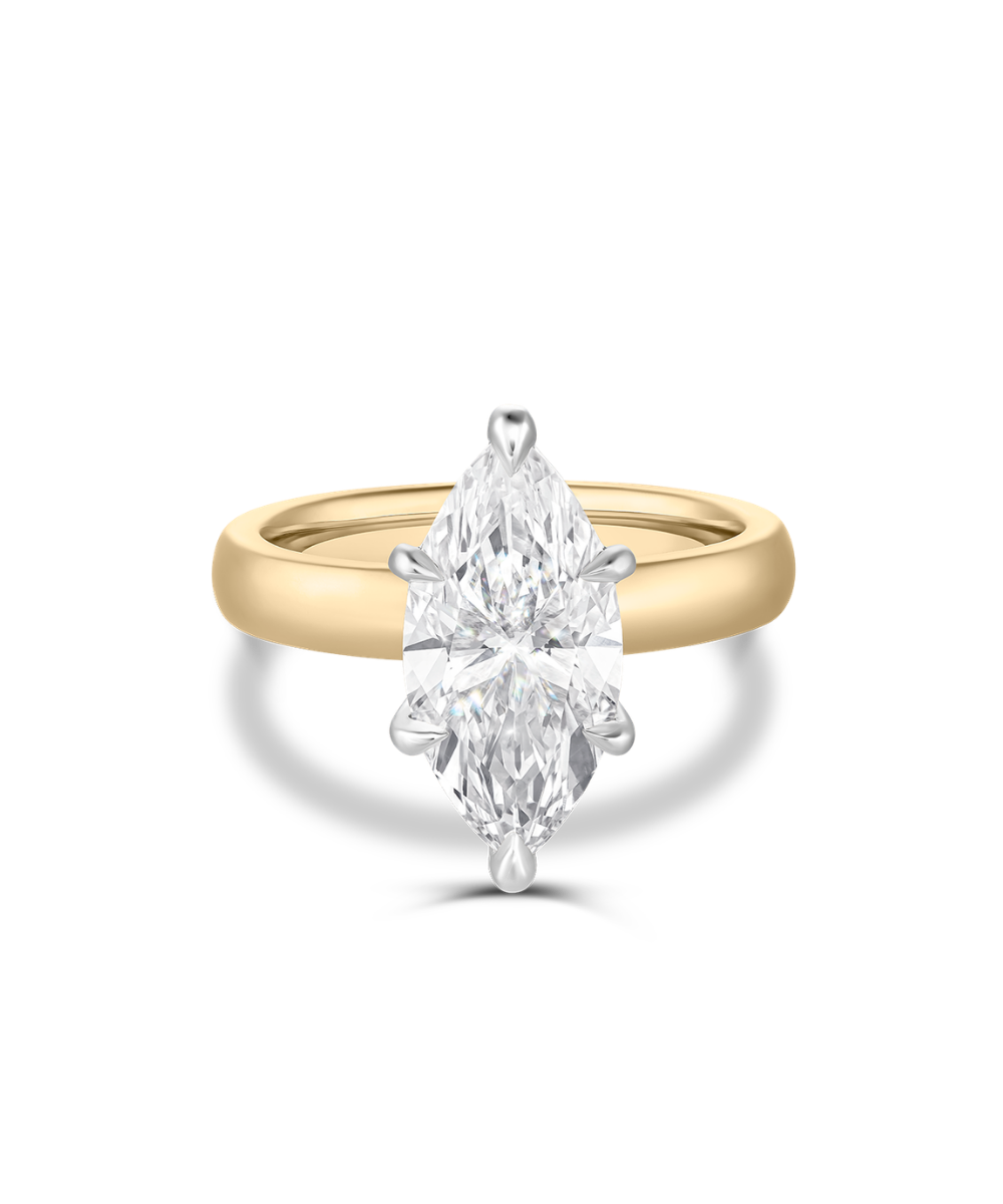Two-tone marquise diamond engagement ring with 18ct yellow gold band and white gold claws