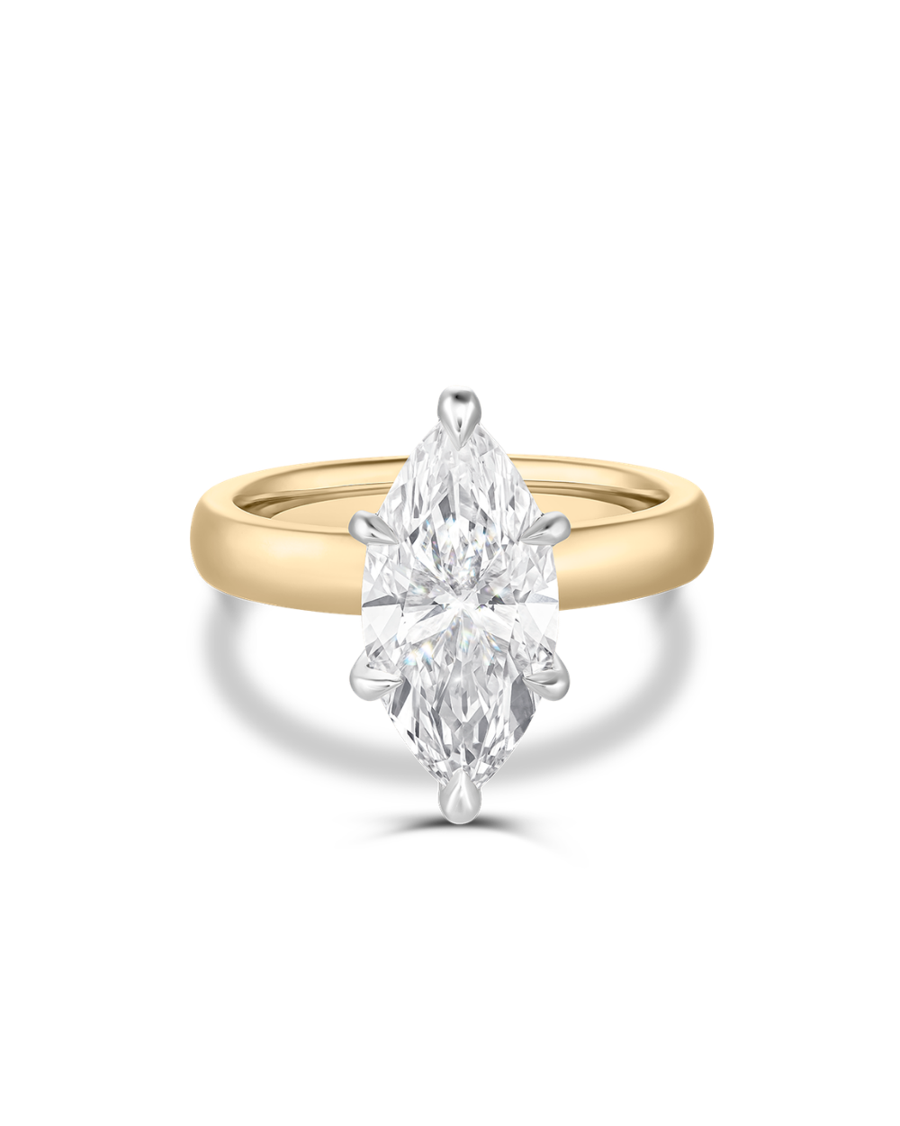 Two-tone marquise diamond engagement ring with 18ct yellow gold band and white gold claws