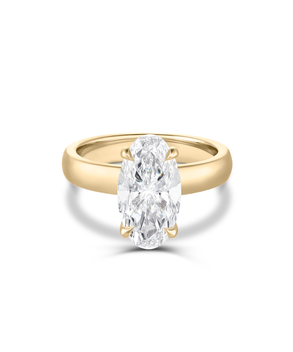 3.08ct elongated oval solitaire diamond ring in 18ct yellow gold studio shot