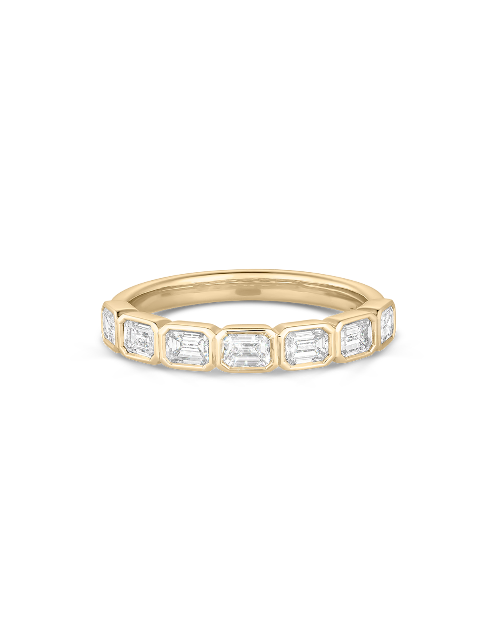 Top-down view of Nina East-West Emerald Bezel Diamond Ring showing geometric diamond setting