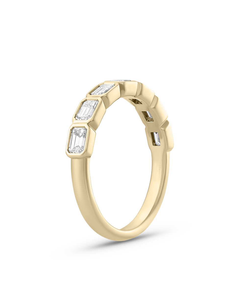 Nina East-West Emerald Bezel Diamond Ring in 18ct yellow gold with seven emerald cut diamonds