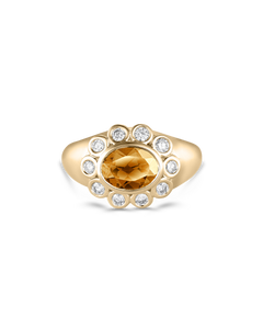 Front view of Ophelia Pinky Ring with chunky band, oval citrine, and diamond halo