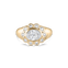 Front view of yellow gold Ophelia pinky ring featuring oval diamond and scalloped halo