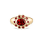 Ophelia pinky ring with oval garnet and scalloped halo in yellow gold