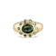 Ophelia Pinky Ring featuring warm polished yellow gold band with central oval green tourmaline and scalloped halo