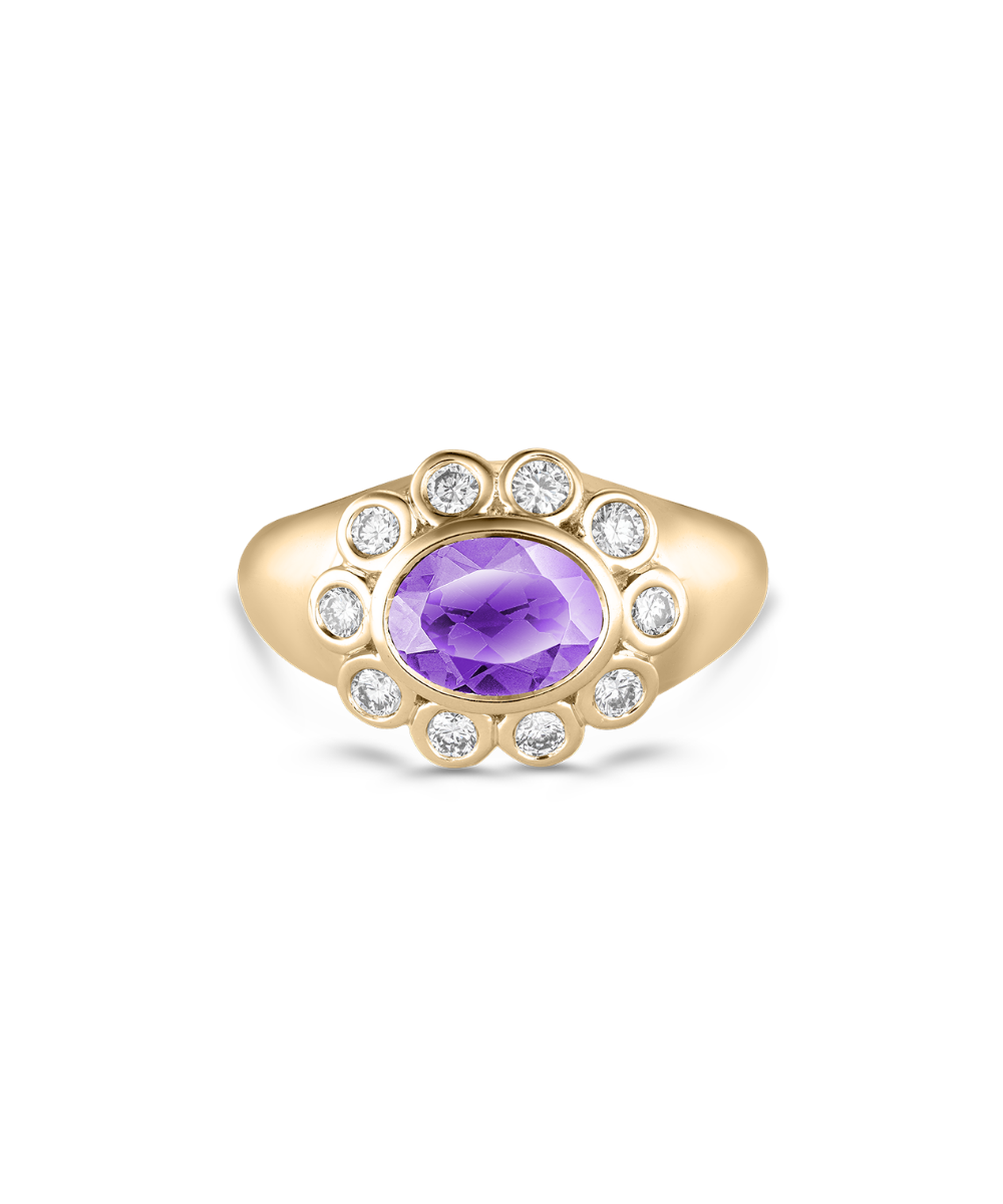 Front view of Ophelia Pinky Ring in yellow gold with oval amethyst center stone and scalloped diamond halo