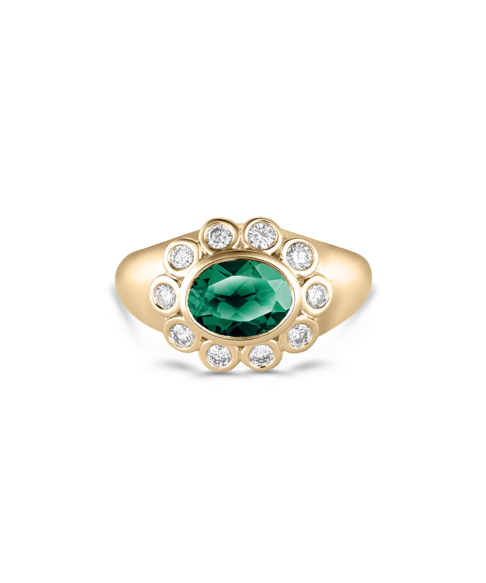Ophelia Pinky Ring with oval emerald and diamond halo in yellow gold