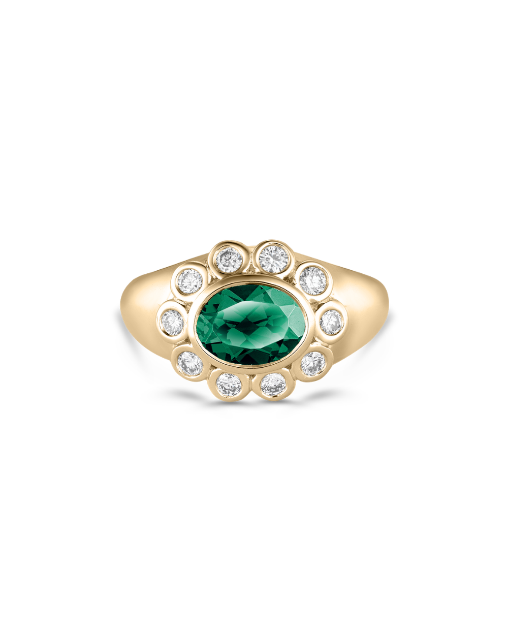 Ophelia Pinky Ring with oval emerald and diamond halo in yellow gold