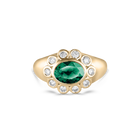 Ophelia Pinky Ring with oval emerald and diamond halo in yellow gold