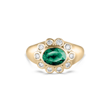 Ophelia Pinky Ring with oval emerald and diamond halo in yellow gold