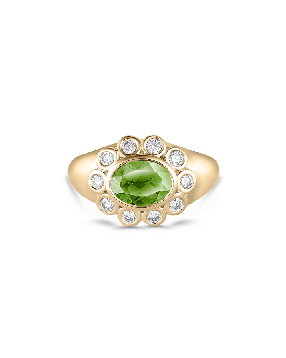 A yellow gold ring featuring a central oval green peridot gemstone surrounded by a halo of small round clear diamonds, set against a plain white background.