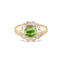 Ophelia pinky ring in 18ct yellow gold with oval peridot and scalloped diamond halo