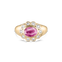 Ophelia Ruby Pinky Ring in 9ct Yellow Gold with oval ruby and scalloped diamond halo