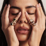 Ophelia Pinky Ring with oval lab grown diamond and scalloped halo on model hand