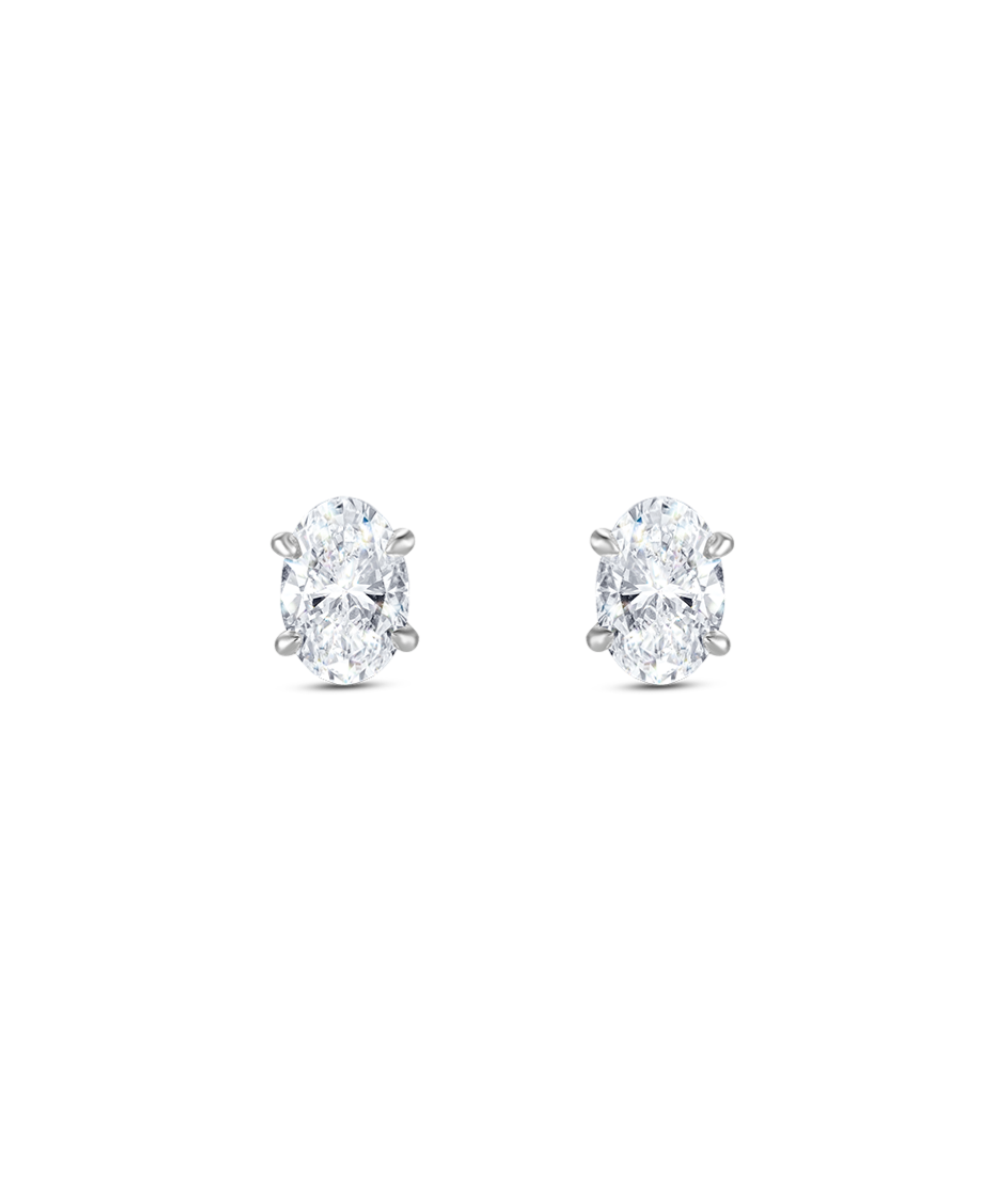 White gold oval diamond stud earrings with four claw setting