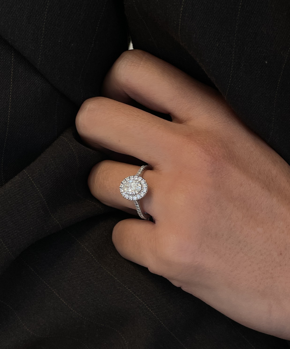 Oval Diamond Halo Ring with Diamond Band classajewellers
