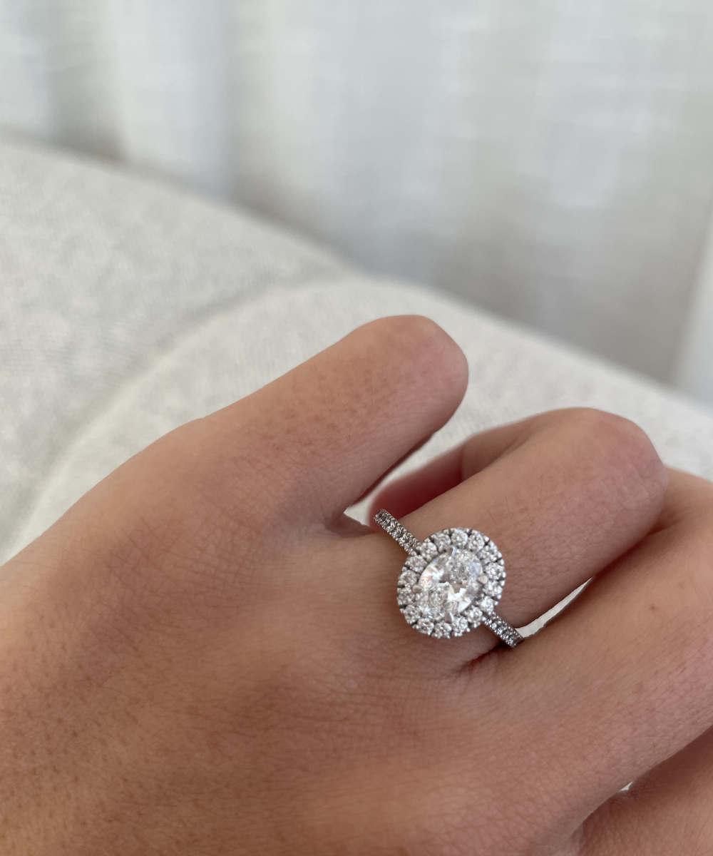 Oval Diamond Halo Ring with Diamond Band classajewellers