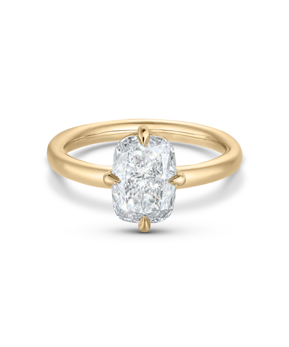 18ct yellow gold cushion cut lab grown diamond solitaire engagement ring with compass claw setting