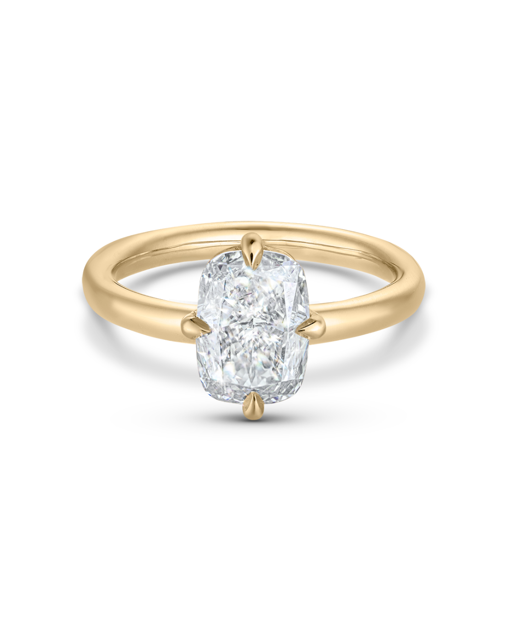 18ct yellow gold cushion cut lab grown diamond solitaire engagement ring with compass claw setting