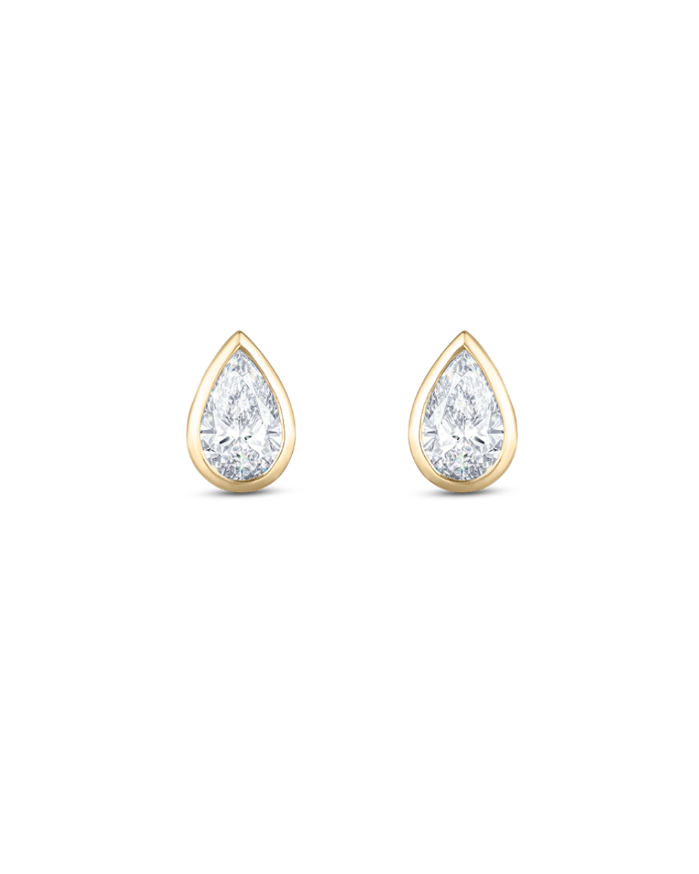 Yellow gold pear diamond stud earrings with bezel setting