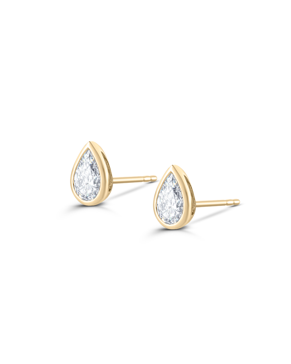 Yellow gold pear diamond studs angled to show butterfly backs